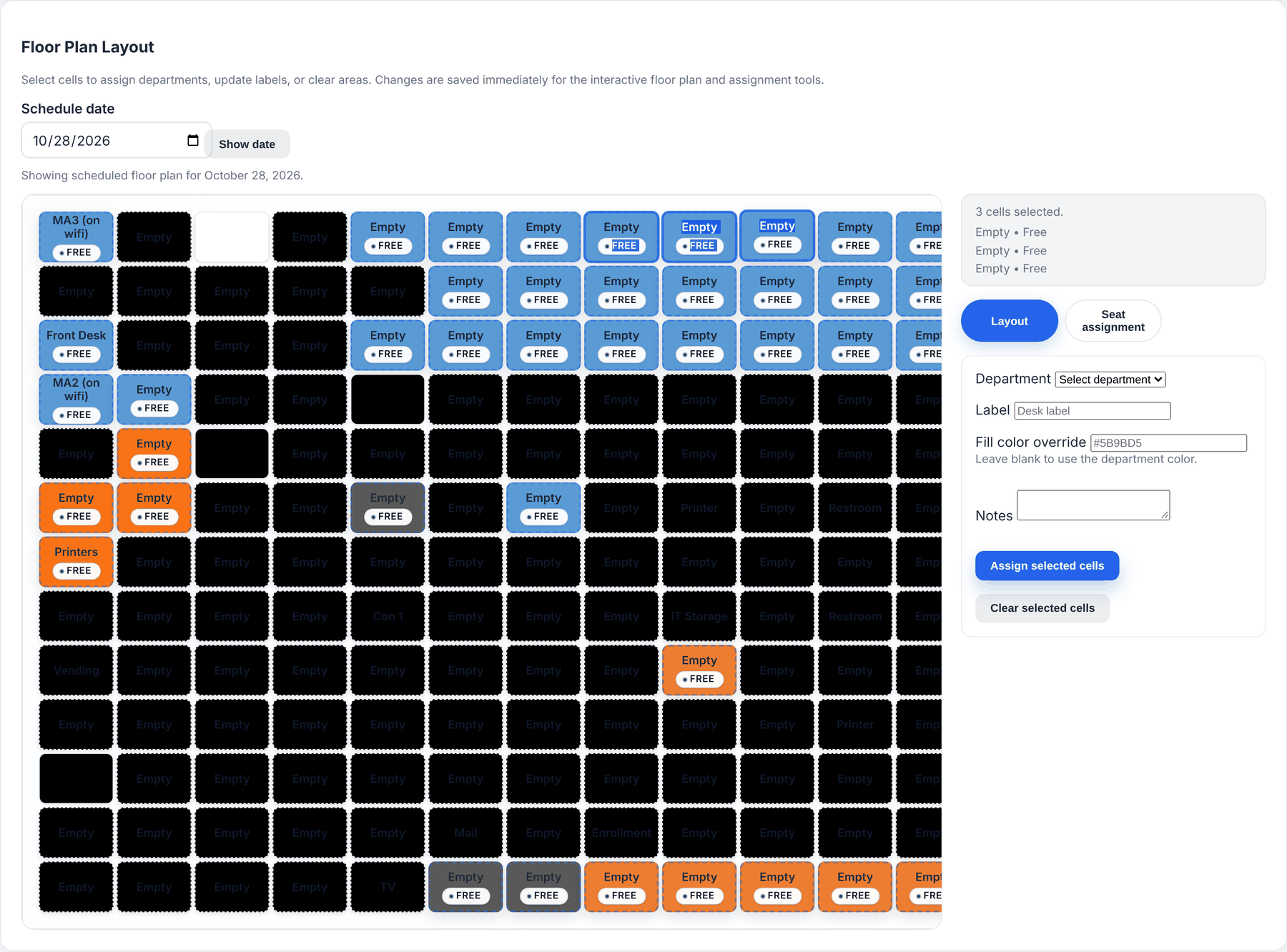 The Window-Works admin console: three Marketing cells selected on the grid, with Layout and Seat assignment modes and fields for department, label, fill colour override and notes.
